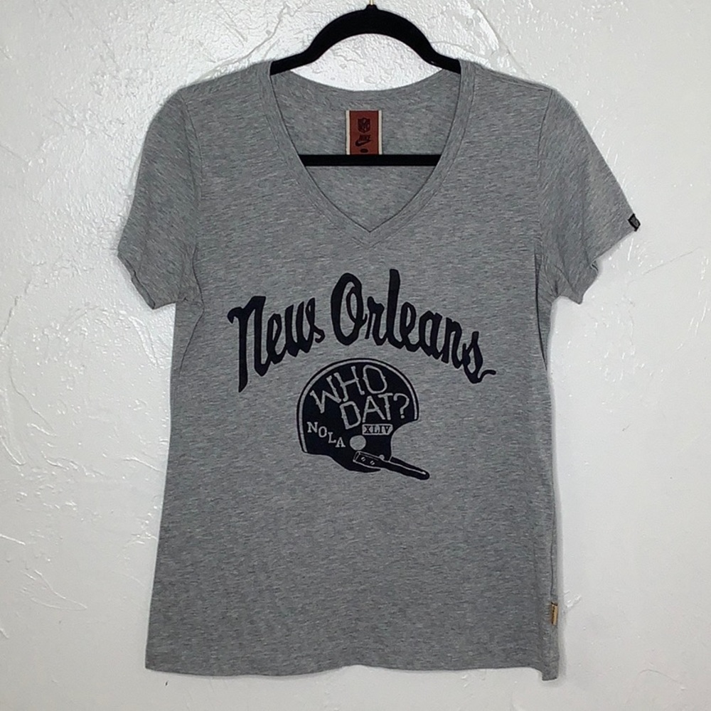 Nike New Orleans Saints Who Dat XLIV Football v neck t shirt women SZ Large EUC